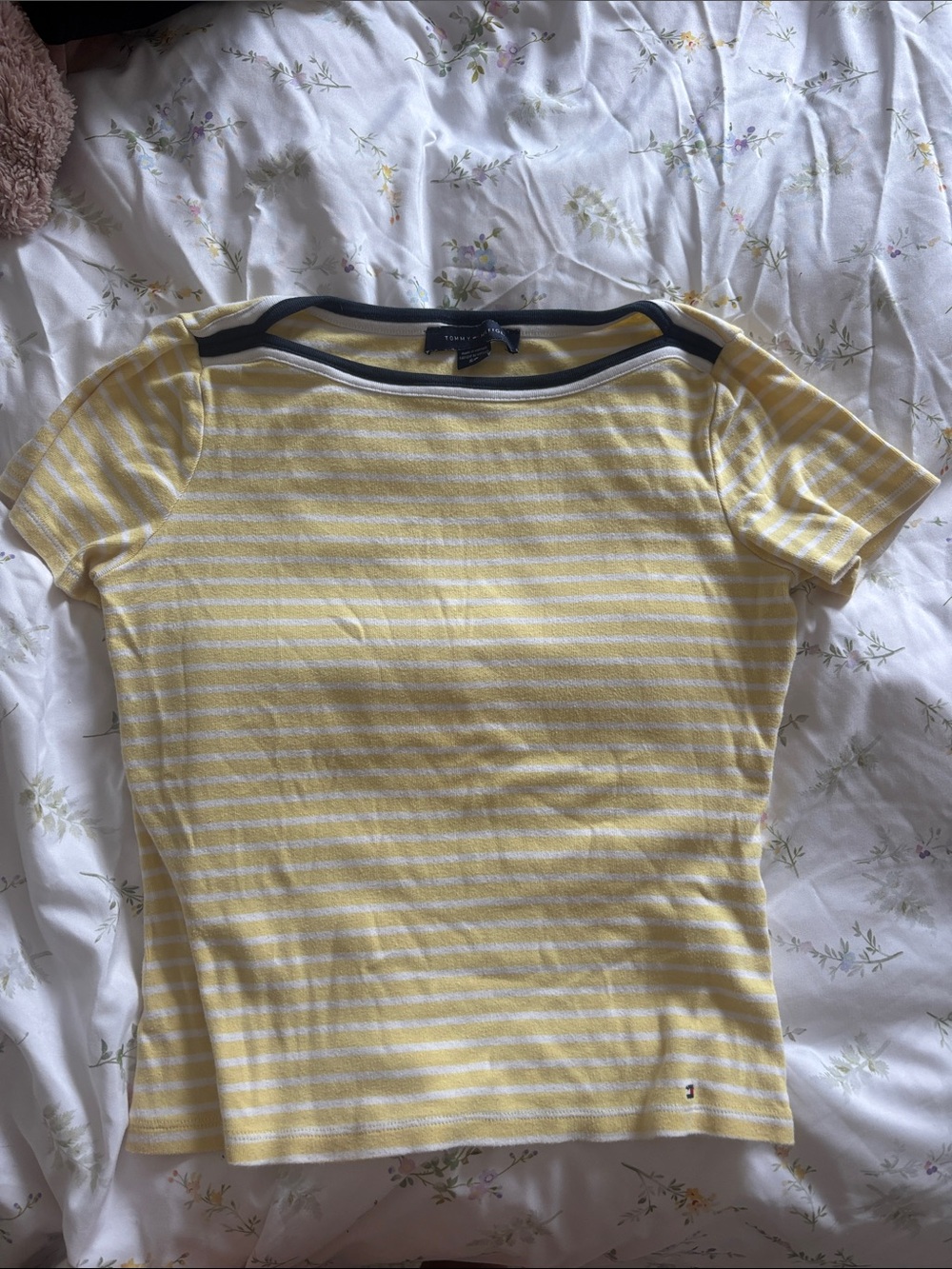 Tommy Hilfiger Yellow and White Striped Short Sleeve Tee with Navy Trim